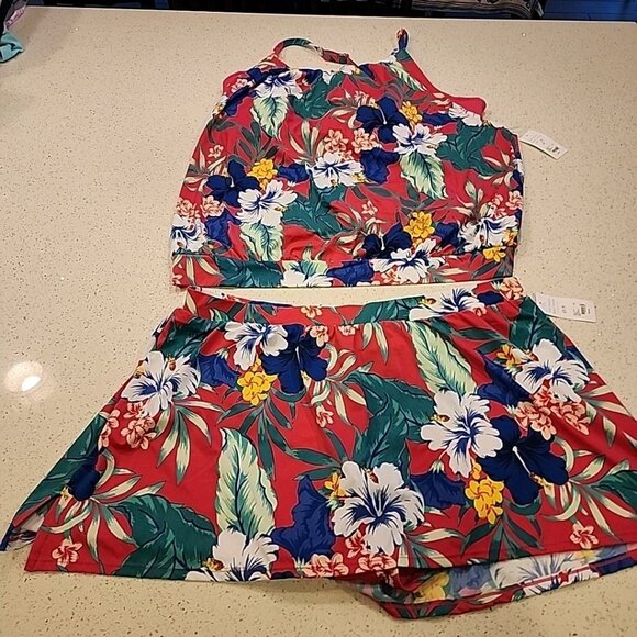 NWT Cacique Swim Suit Tankini Blouson Skirt Pink Floral Tropical Open Sides 24 - Picture 1 of 11